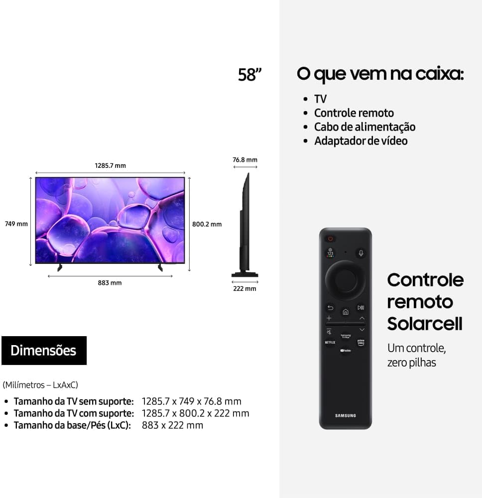 Samsung Smart TV 58" Crystal UHD 4K U8500F 2025, Xbox Cloud Gaming, Canais Gratuitos, 7 Anos de Atualização, AI Energy Mode, Alexa integrada